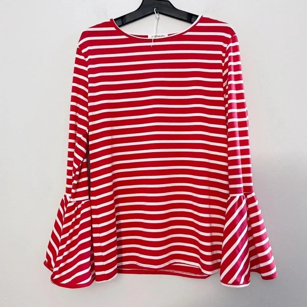 Striped Bell-Sleeve Women's Top - Red & White